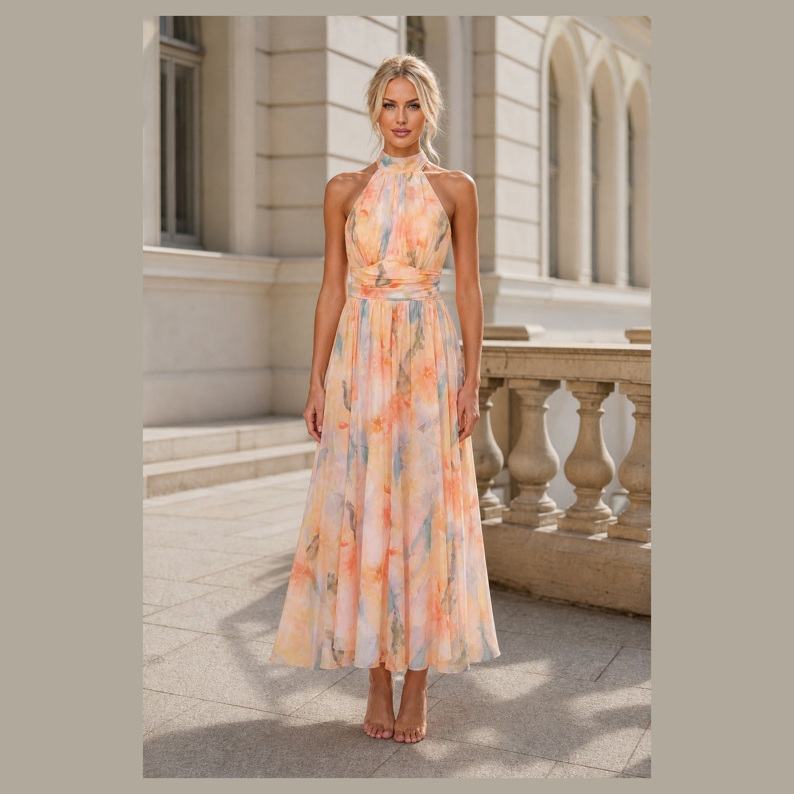 Victoria, rochie midi florală, vedere frontală integrală în exterior