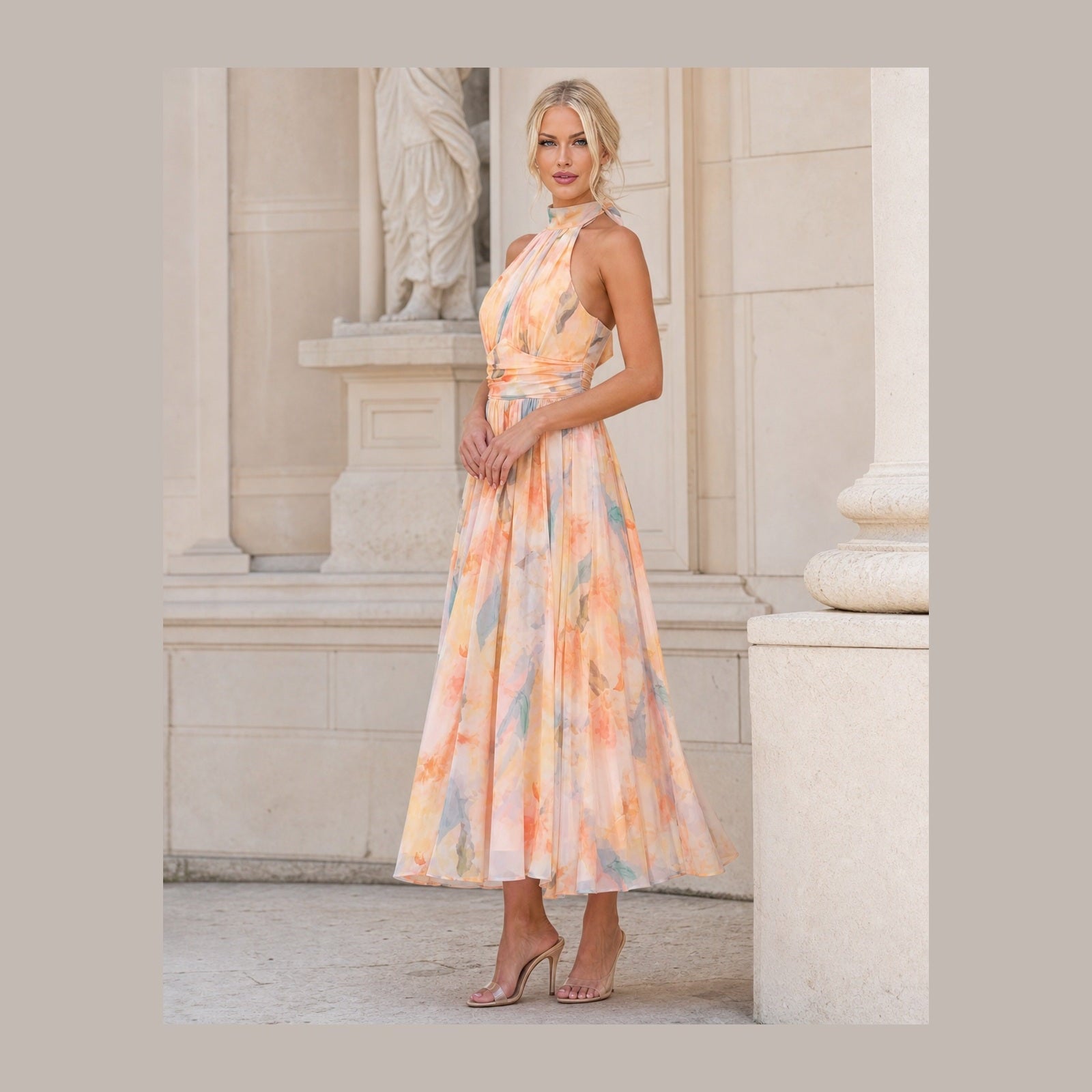 Victoria, rochie midi florală, vedere laterală trei sferturi în exterior