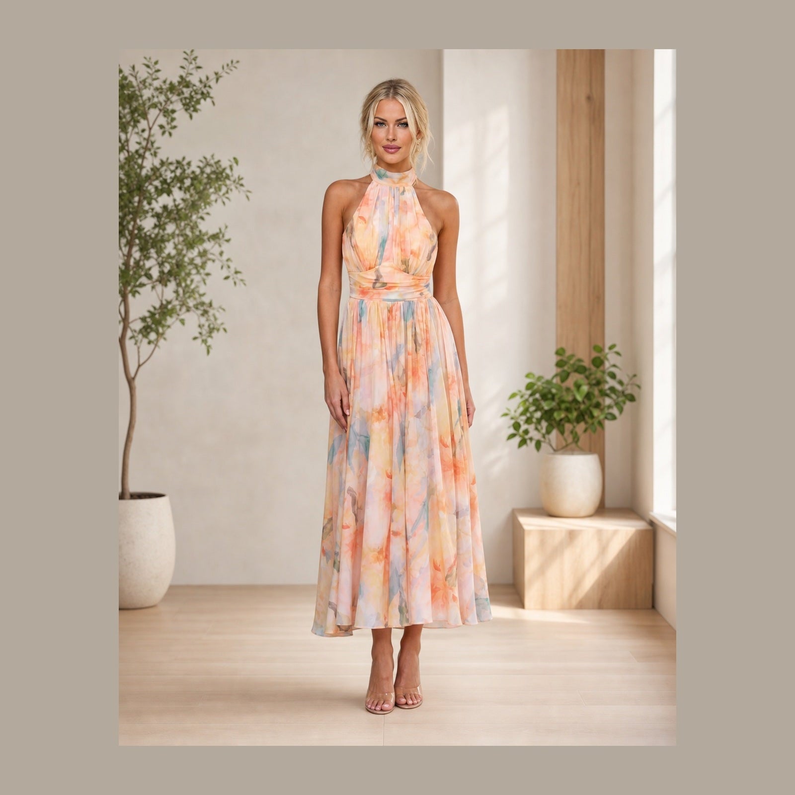 Victoria, rochie midi florală purtată într-un atelier luminos