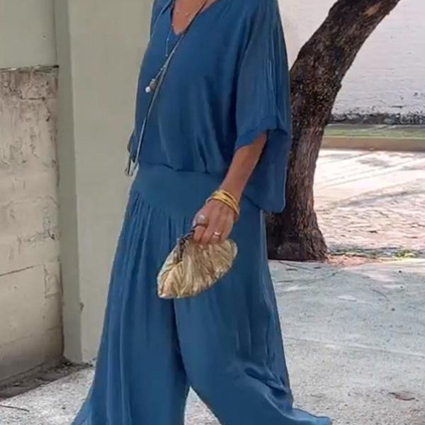ESMERALDA – SET DIN DOUĂ PIESE CU PANTALONI LARGI DIN CHIFFON ELEGANT
