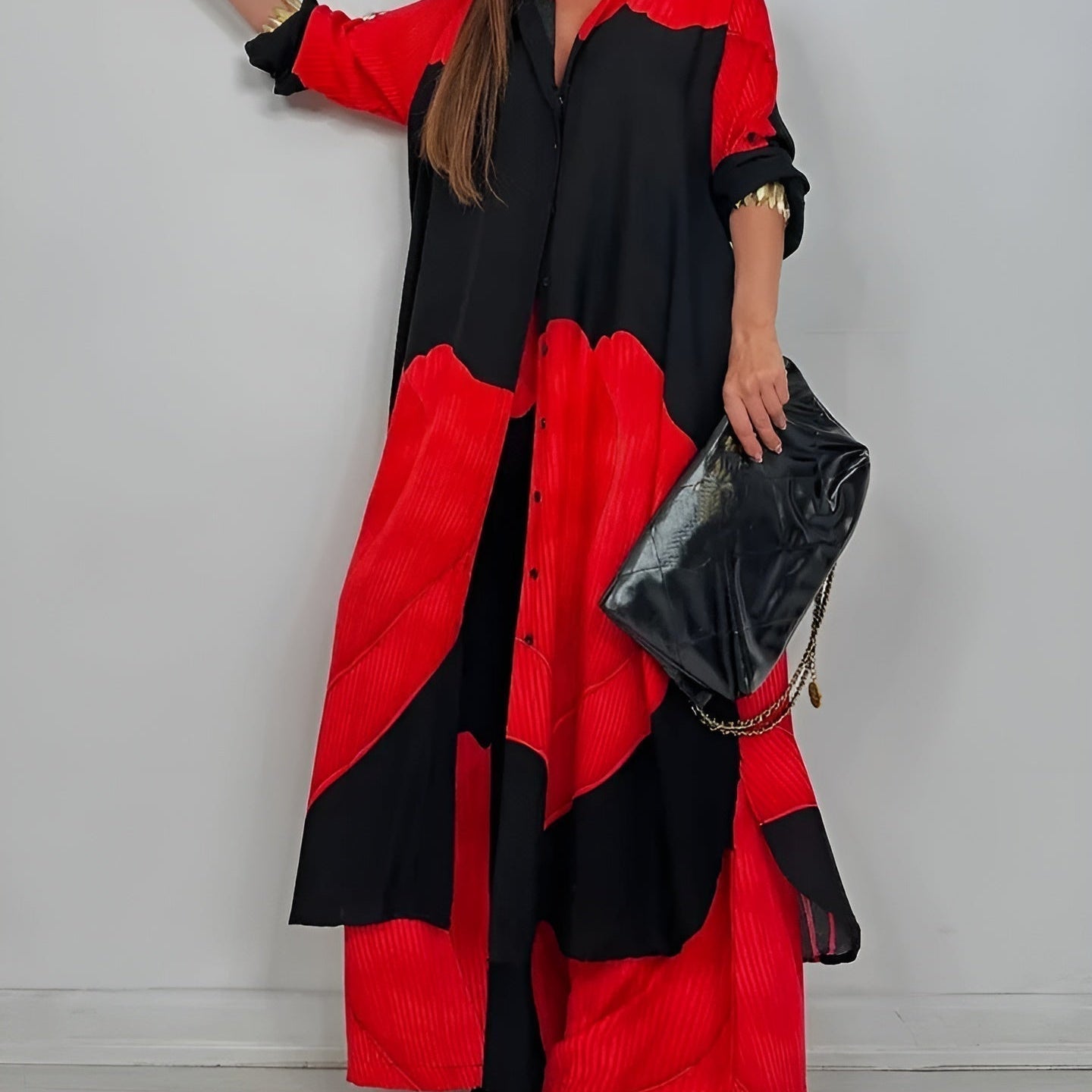 ISABEAU – SET TOP CU PRINT PATCHWORK TENDENȚĂ ȘI PANTALONI LARGI