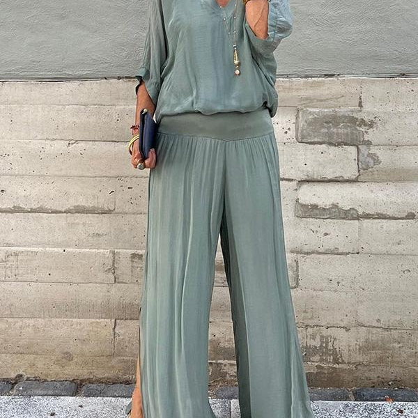 ESMERALDA – SET DIN DOUĂ PIESE CU PANTALONI LARGI DIN CHIFFON ELEGANT