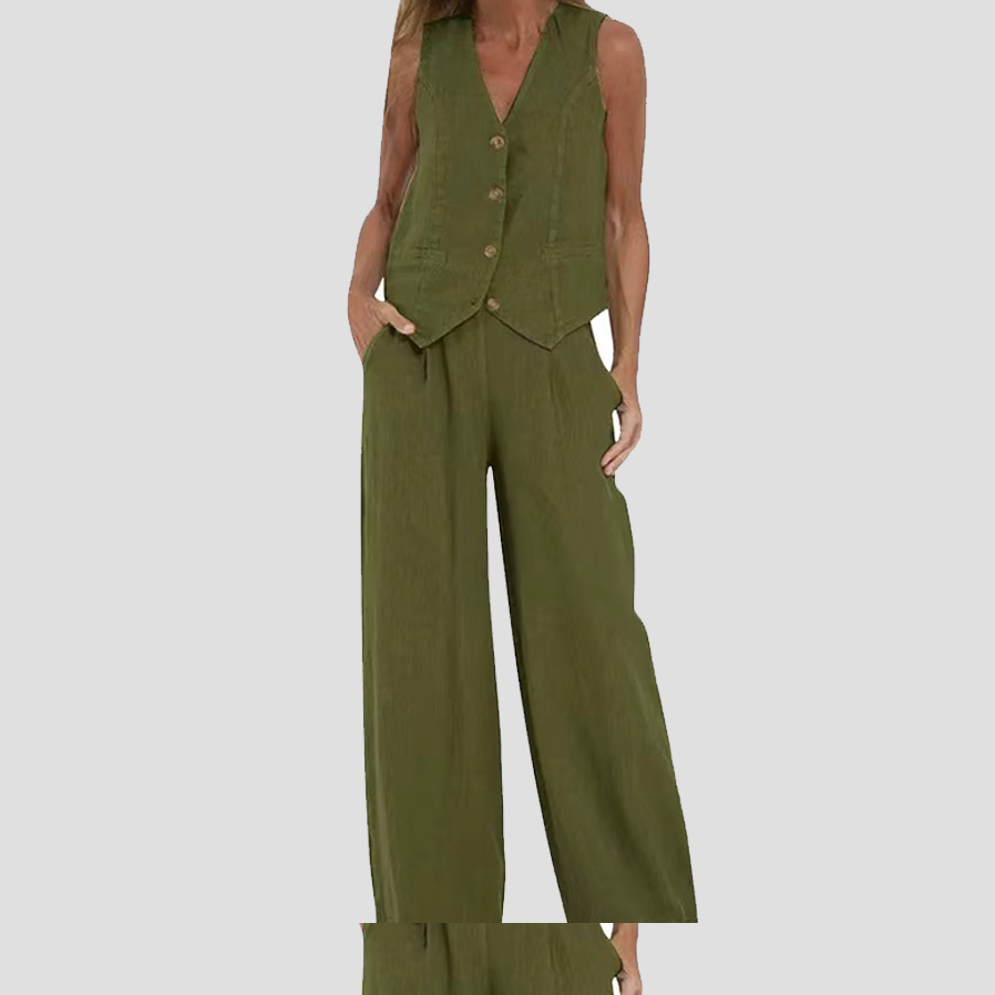 Jessica - Set Vestă cu Nasturi și Pantaloni Largi