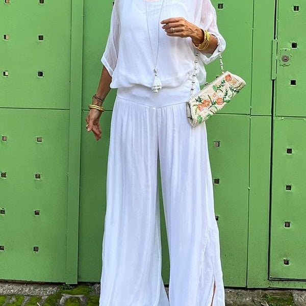 ESMERALDA – SET DIN DOUĂ PIESE CU PANTALONI LARGI DIN CHIFFON ELEGANT