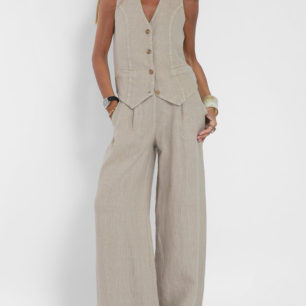 Jessica - Set Vestă cu Nasturi și Pantaloni Largi