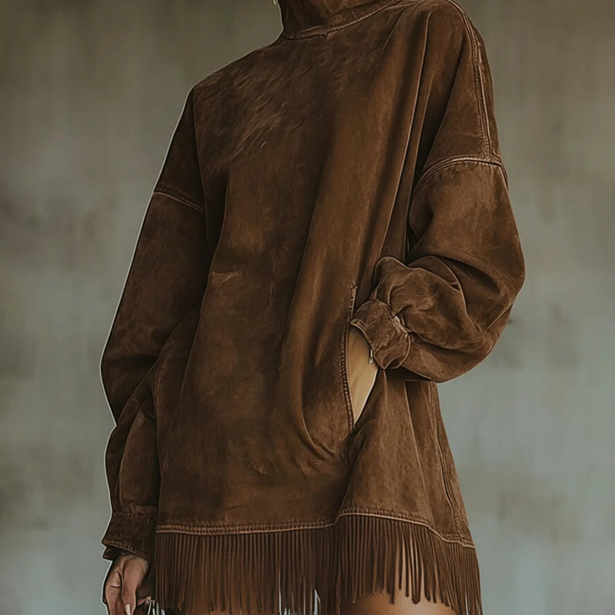 Rochie din Suede Sintetic cu Guler înalt și Dantelă