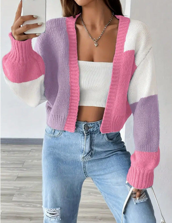 Cardigan Cropped cu Blocuri de Culoare - Pulover cu Butoni în Față