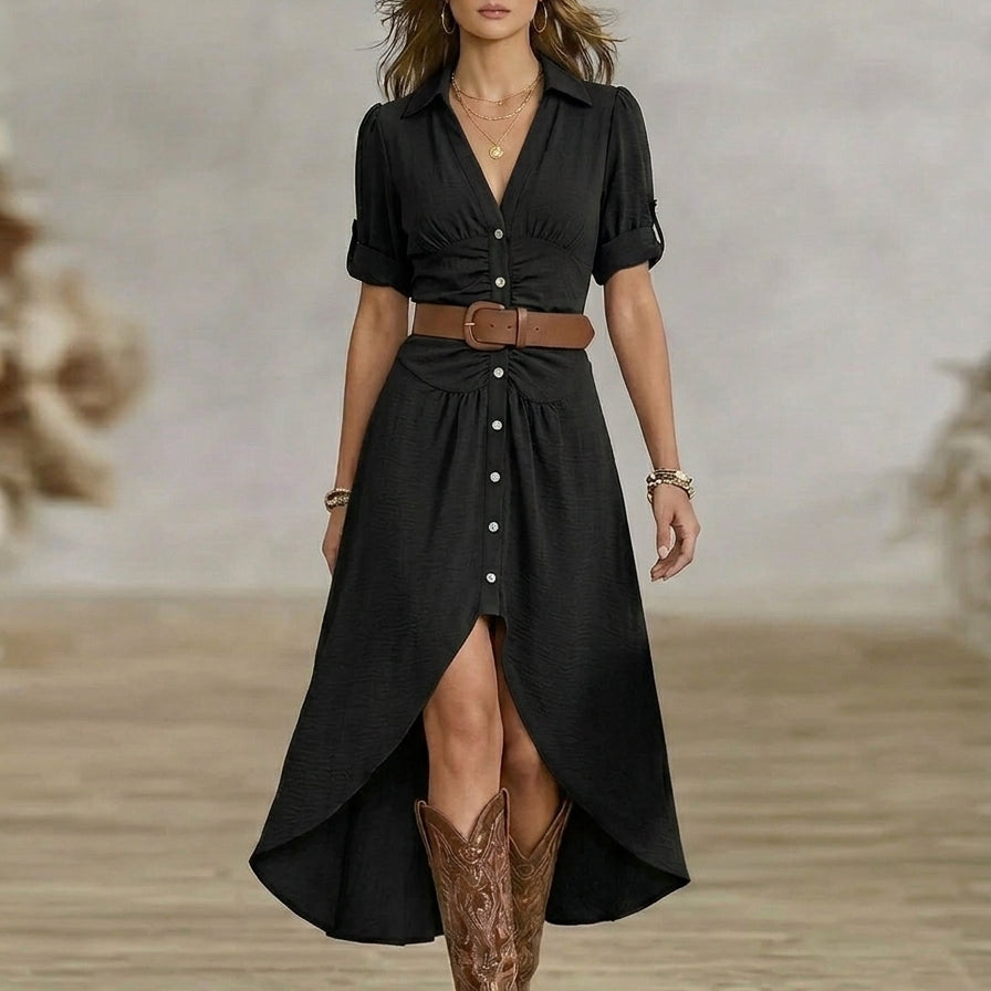 Sânziana – Rochie Maxi Western-Boho cu Curea și Nasturi Frontali