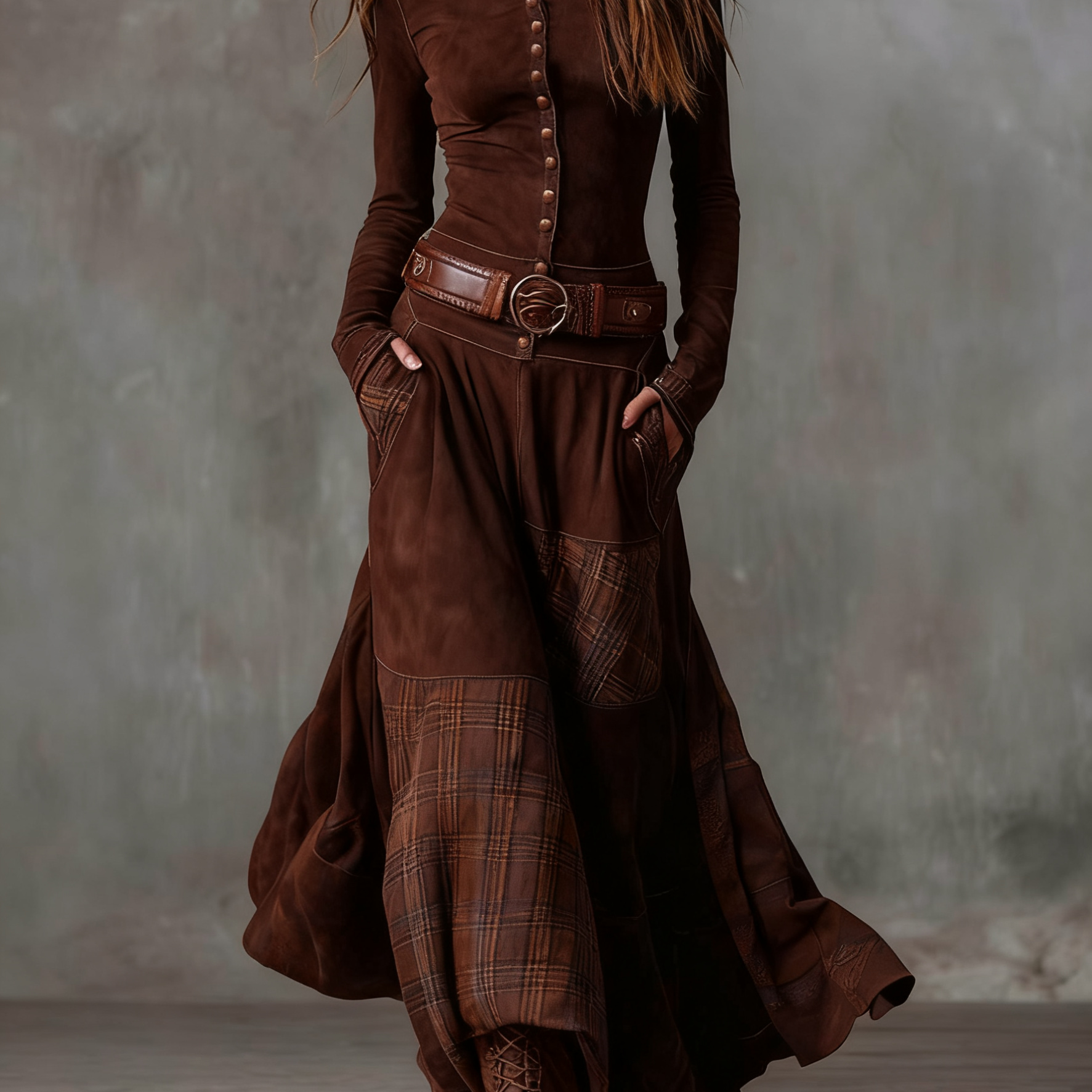 Lorena – Rochie lungă vintage din ante cu carouri bleumarin (include curea)