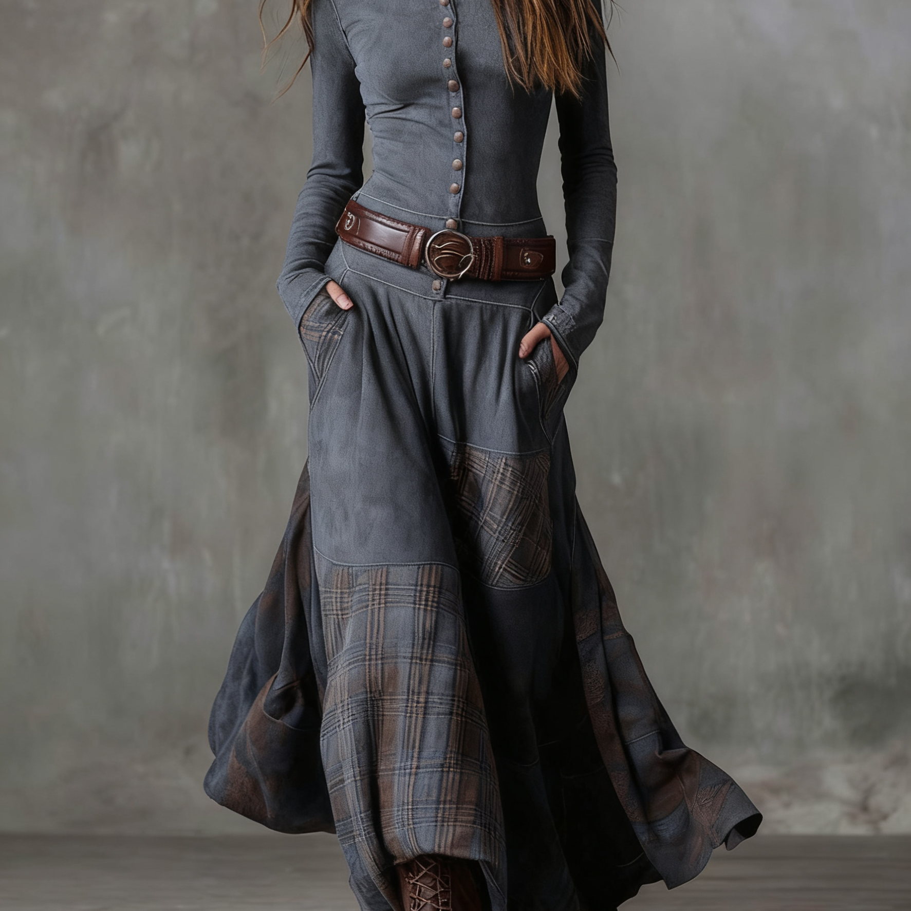 Lorena – Rochie lungă vintage din ante cu carouri bleumarin (include curea)
