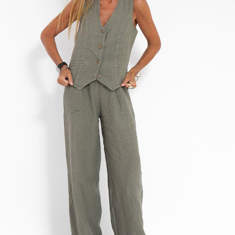Jessica - Set Vestă cu Nasturi și Pantaloni Largi