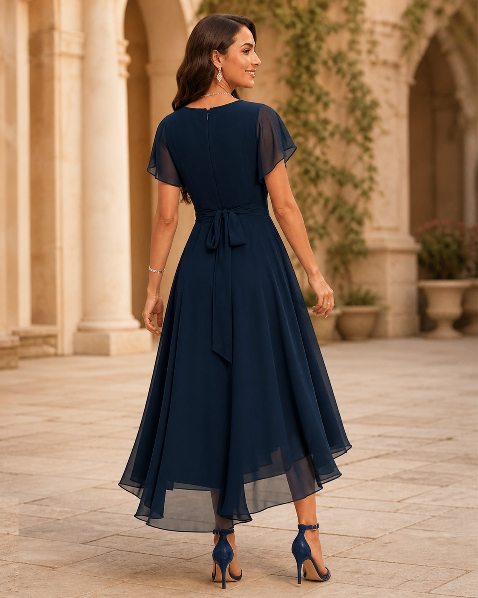 Alisa în rochie bleumarin, vedere din spate în exterior