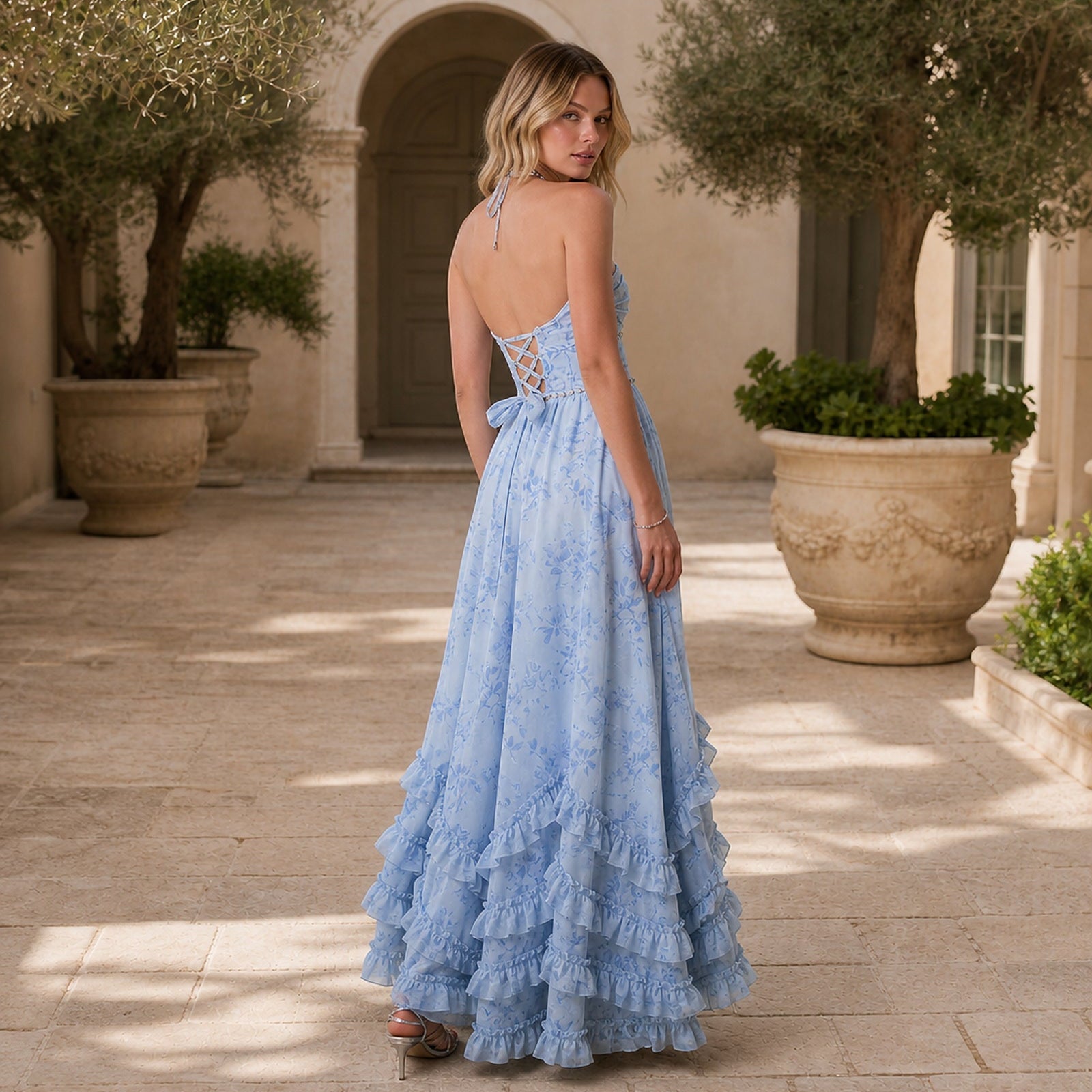 Rochie maxi Ana-Andreea albastru floral, vedere din spate în exterior