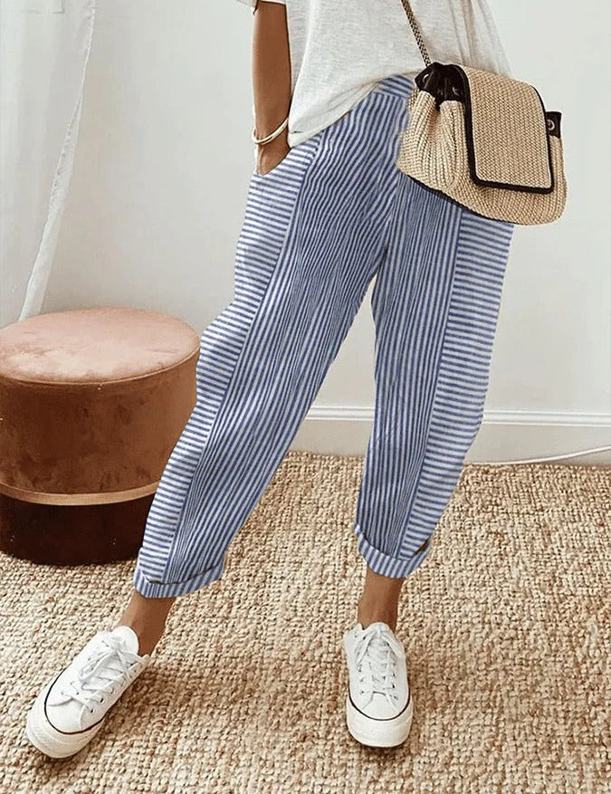 Mirela | Pantaloni din Bumbac Rayat Clasic