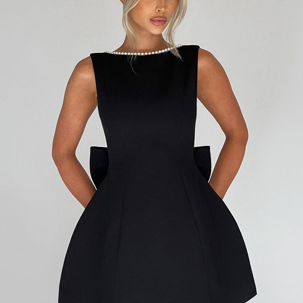 Melania – Rochie Mini cu Fundă din Satin și Perle