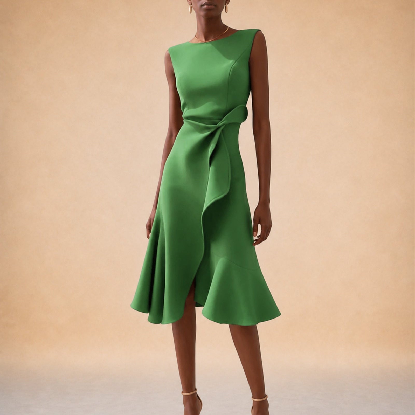 Corina în rochie midi verde cu drapaj asimetric, vedere frontală în studio