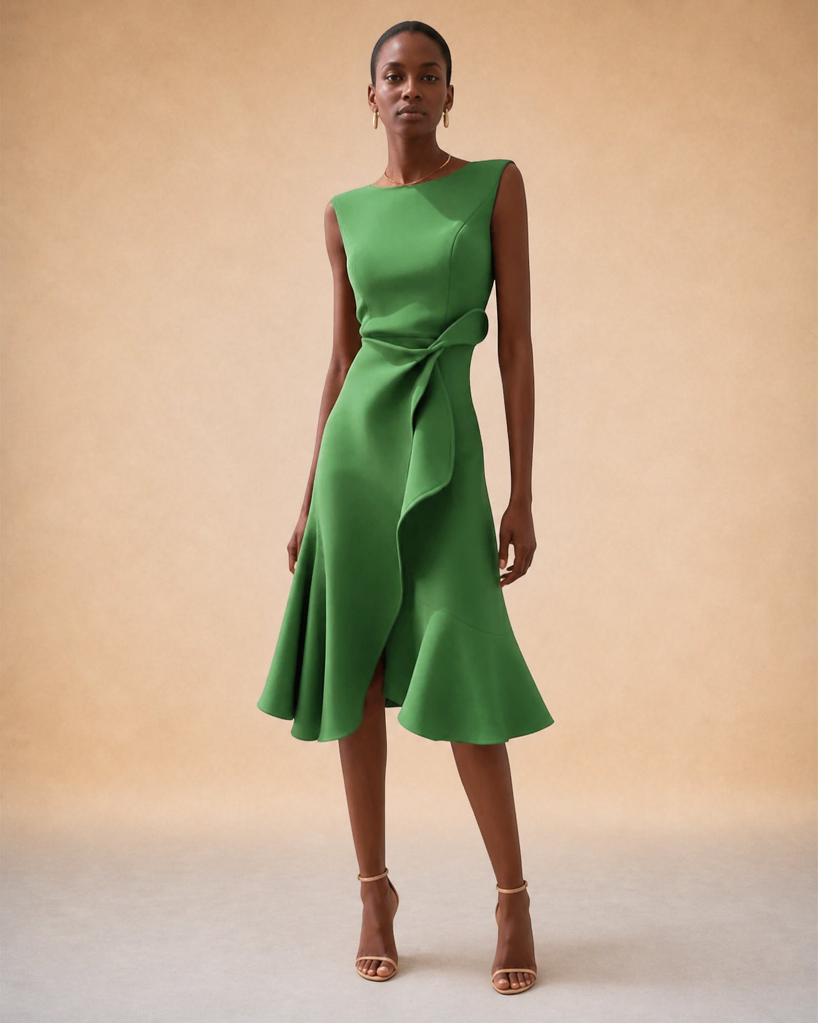 Corina în rochie midi verde cu drapaj asimetric, vedere frontală în studio