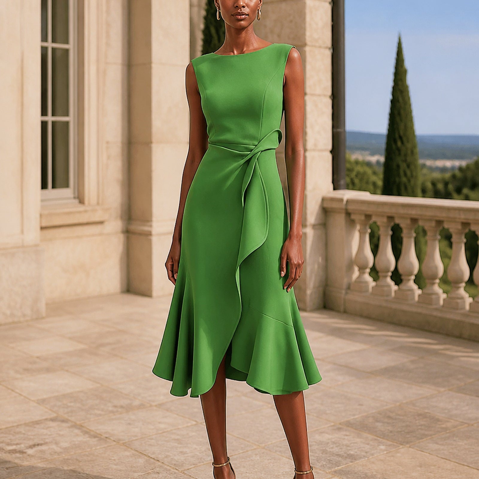 Corina în rochie midi verde cu drapaj asimetric, vedere frontală în exterior