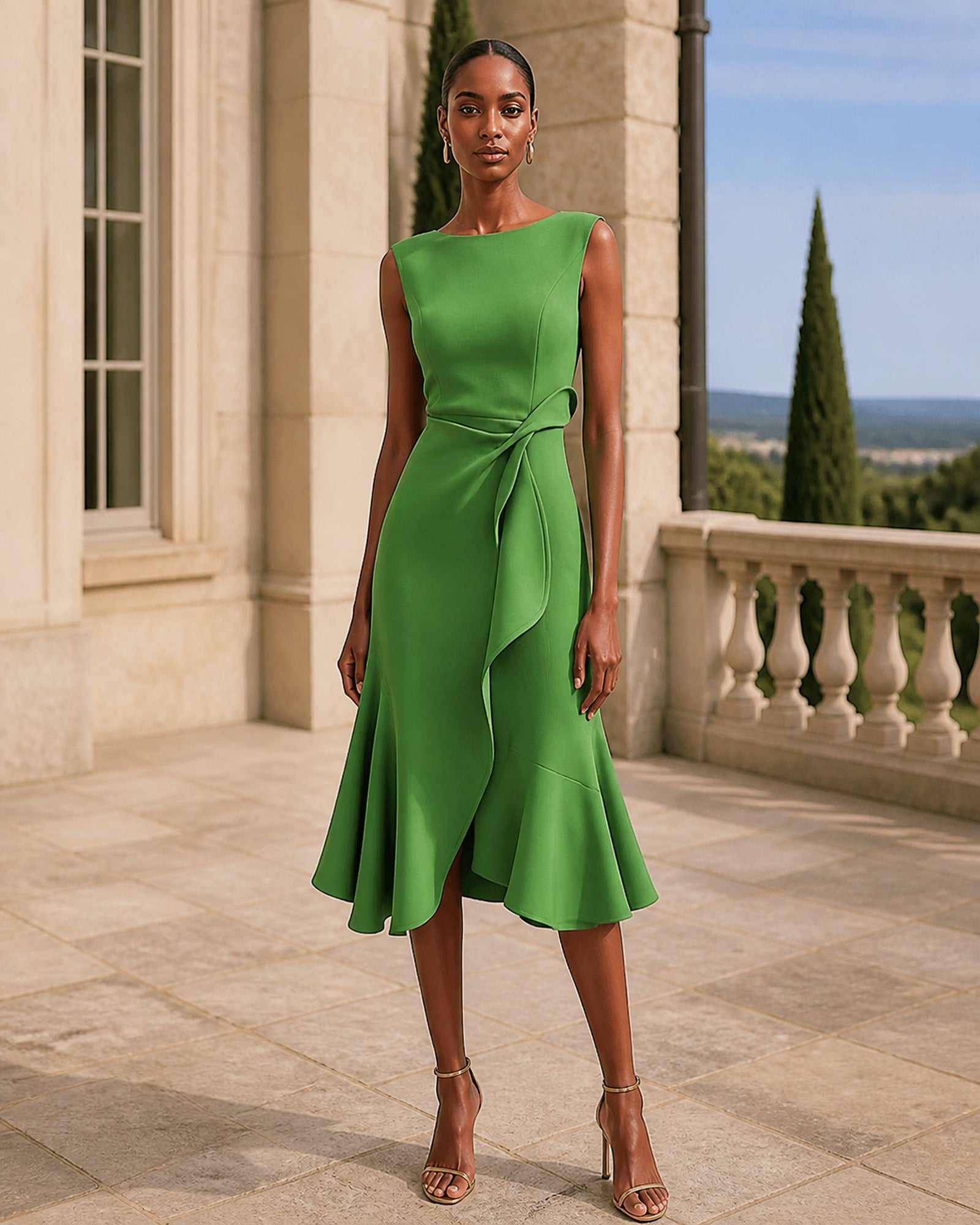 Corina în rochie midi verde cu drapaj asimetric, vedere frontală în exterior