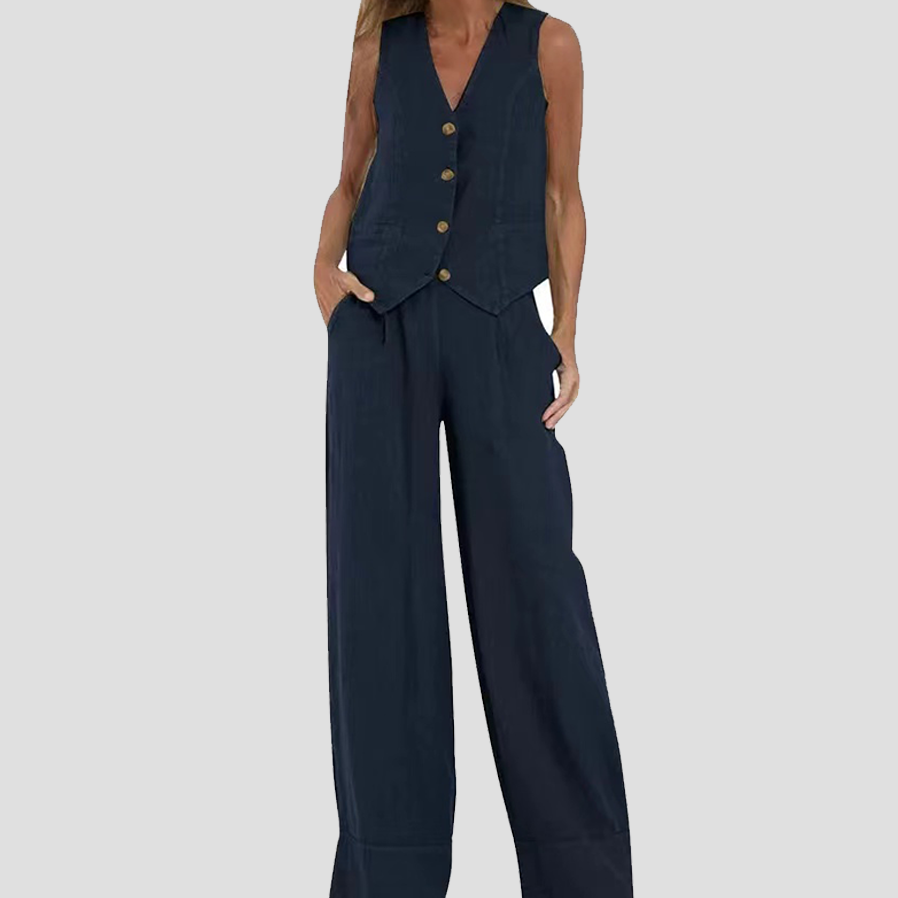 Jessica - Set Vestă cu Nasturi și Pantaloni Largi