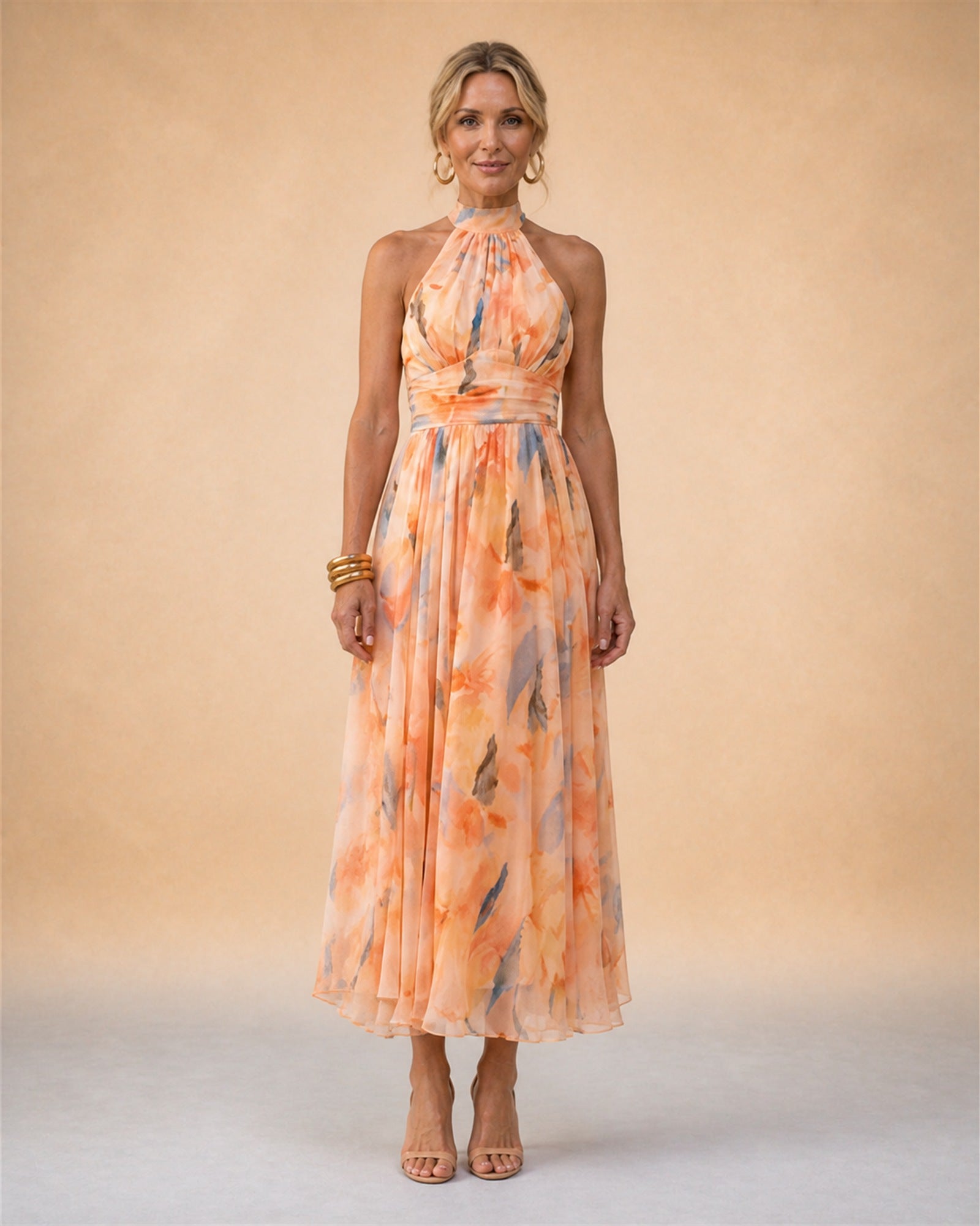 Maria-Teodora rochie maxi florală - vedere frontală studio