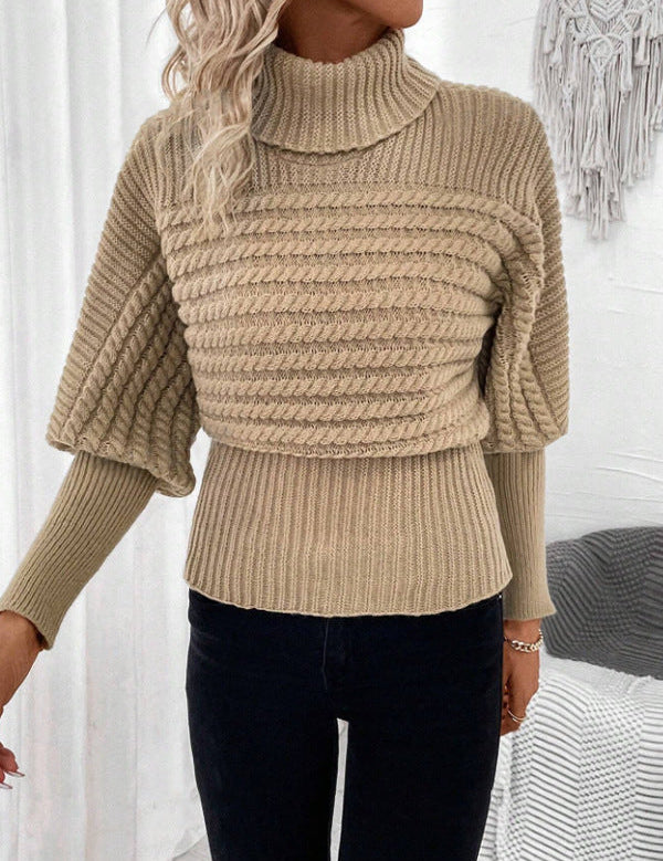 Pulover cu guler înalt și mâneci lungi – model cu torsade, design tricotat uniform