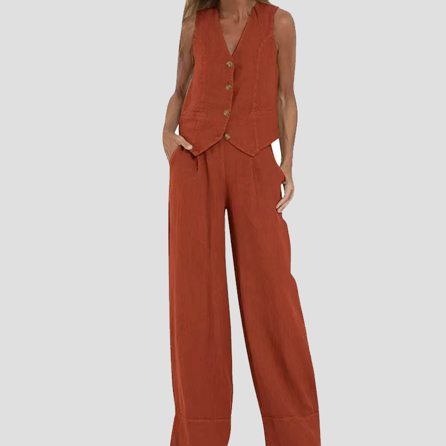 Jessica - Set Vestă cu Nasturi și Pantaloni Largi