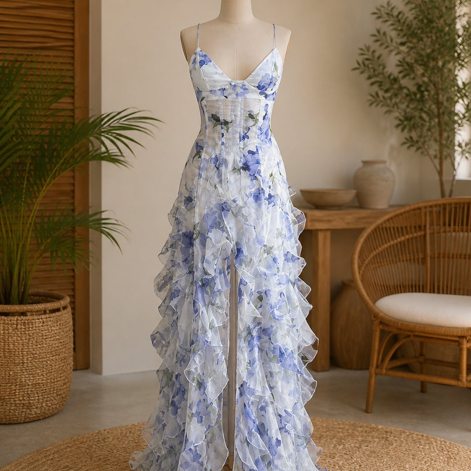 Rochie maxi florală Florina prezentată complet pe manechin