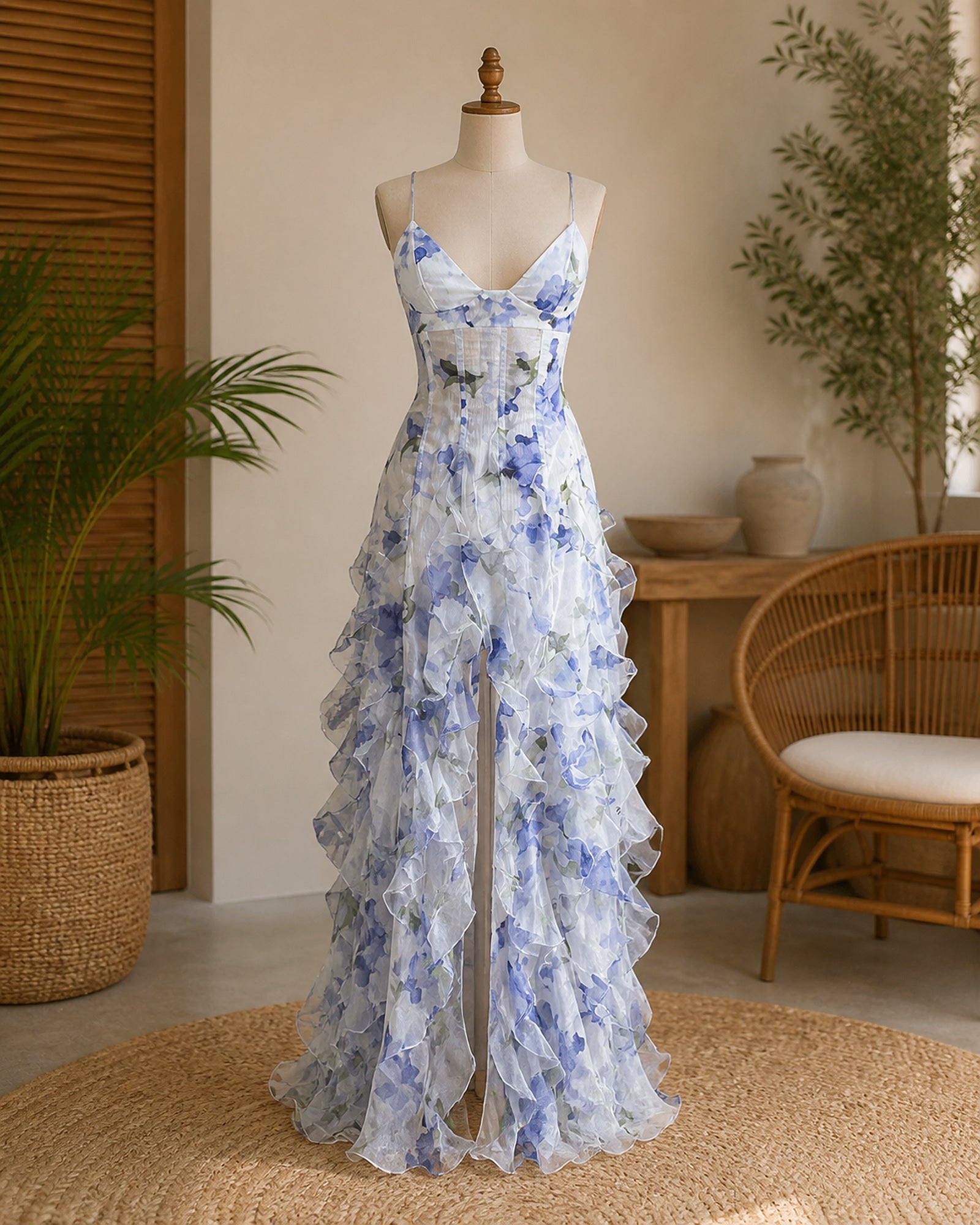 Rochie maxi florală Florina prezentată complet pe manechin