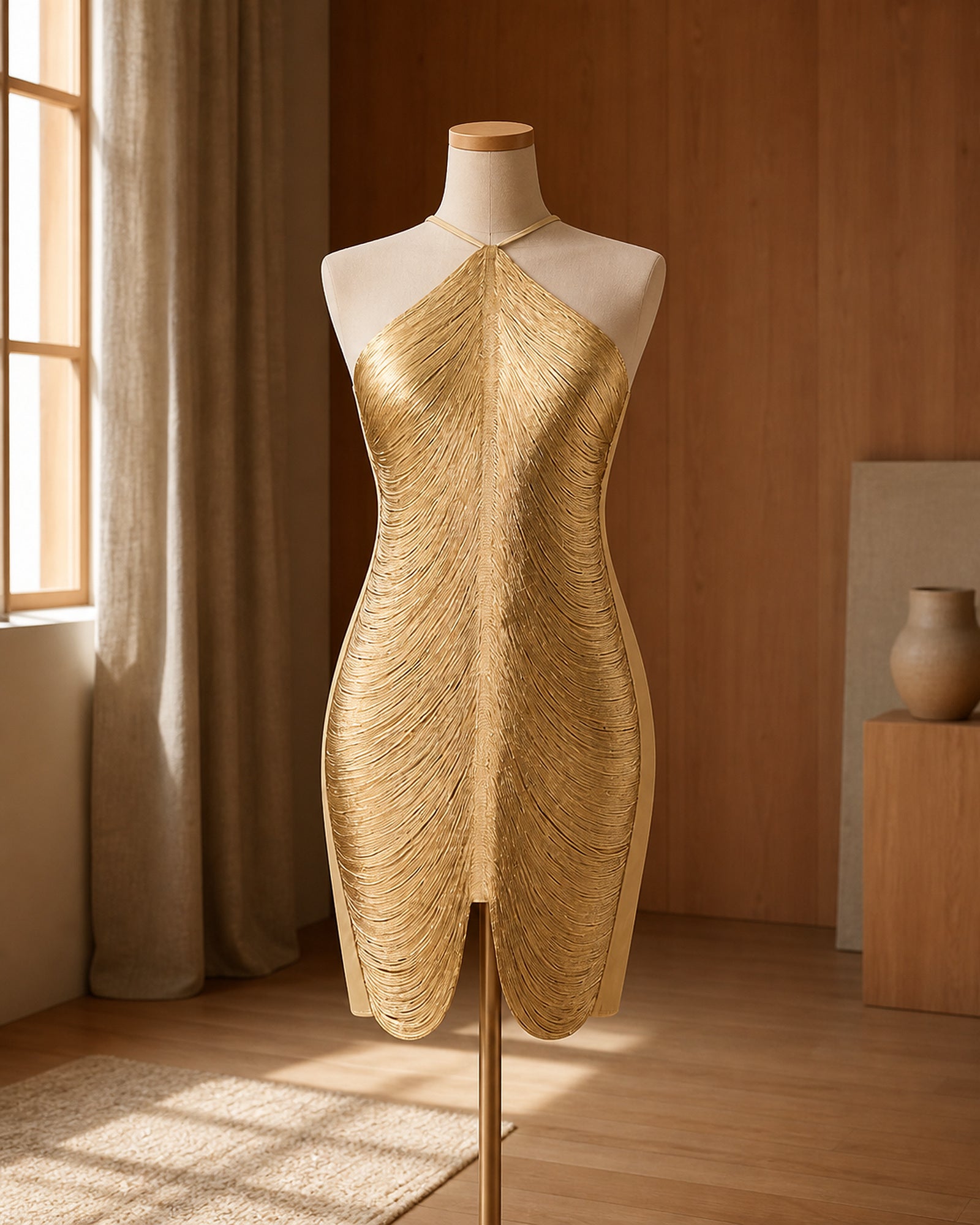 Rochie mini metalică aurie Gabriela prezentată pe manechin