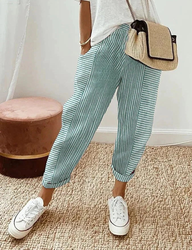 Mirela | Pantaloni din Bumbac Rayat Clasic