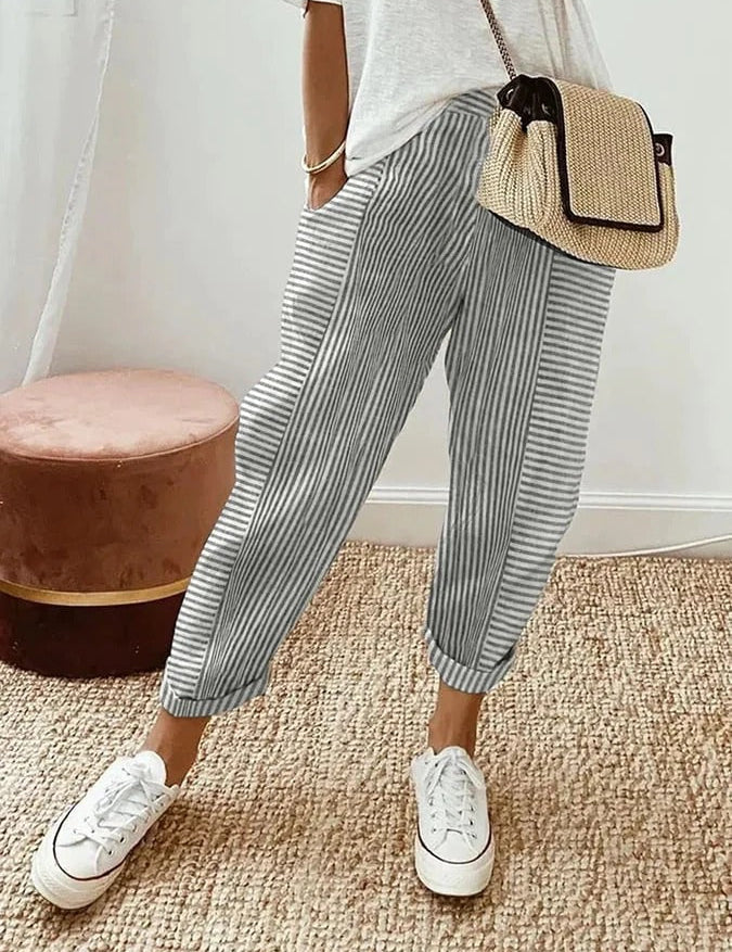 Mirela | Pantaloni din Bumbac Rayat Clasic