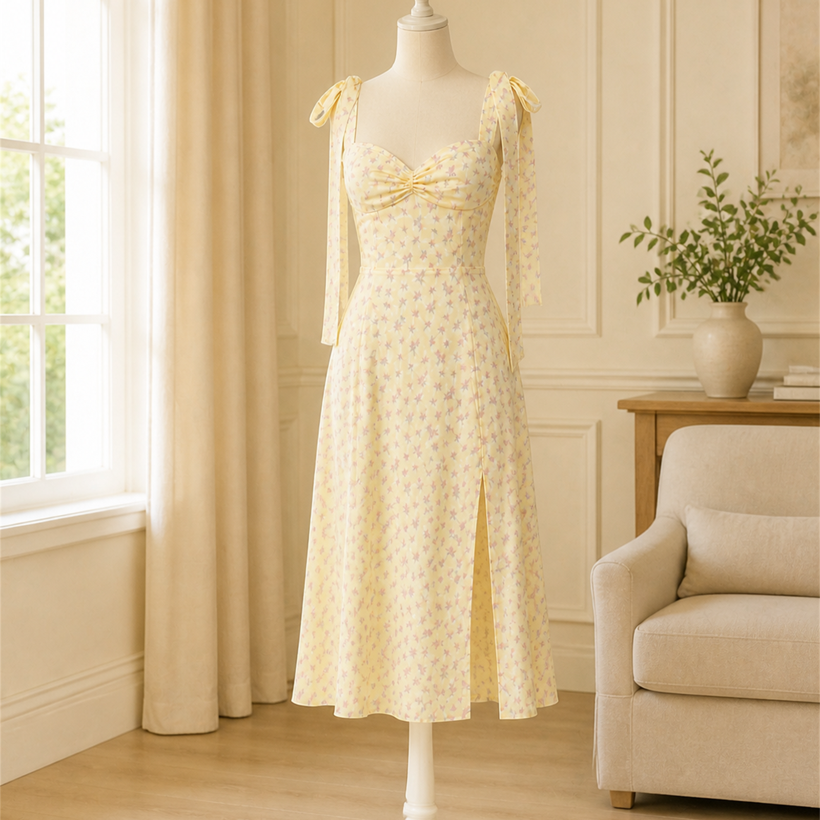 Rochie cu imprimeu floral prezentată pe manechin într-un interior primitor