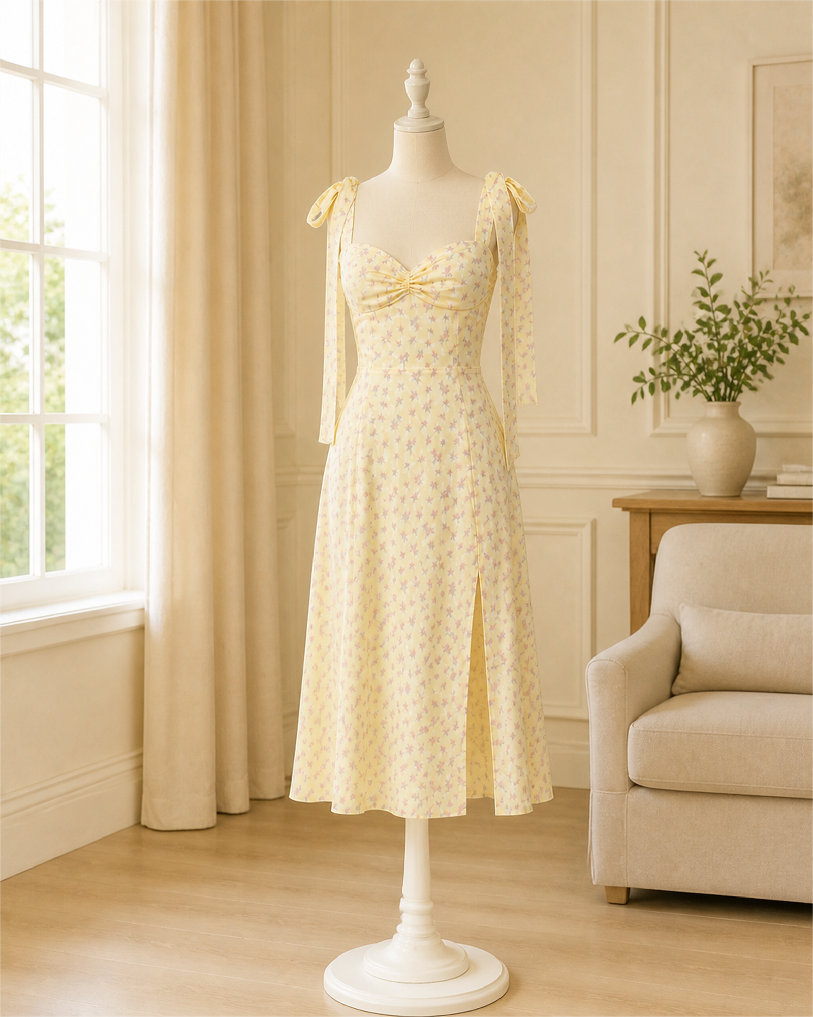 Rochie cu imprimeu floral prezentată pe manechin într-un interior primitor