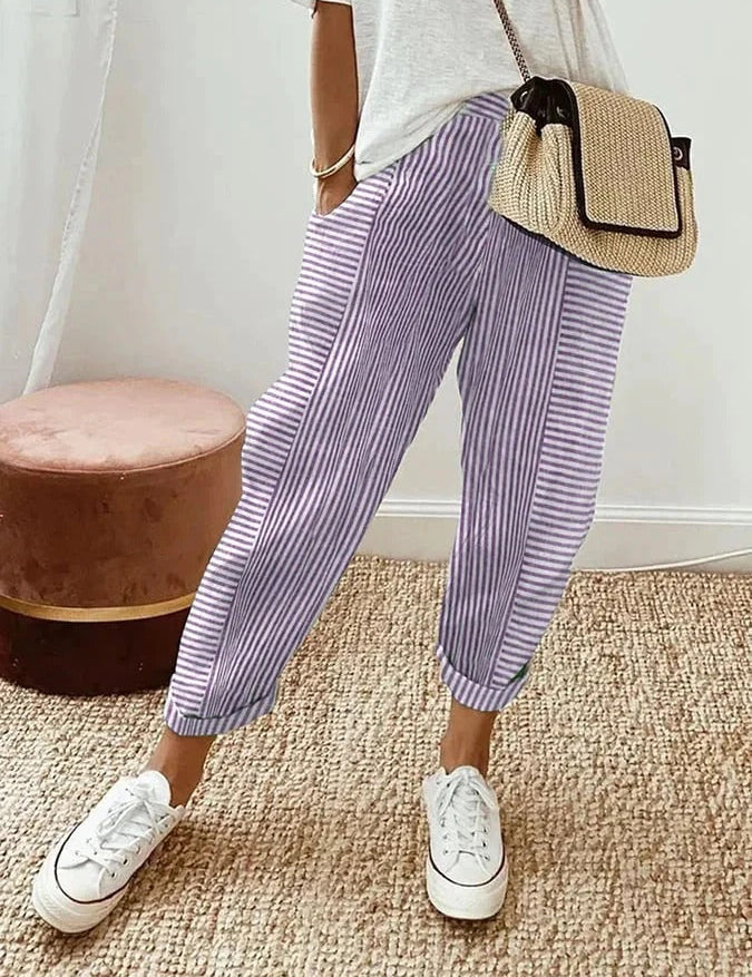Mirela | Pantaloni din Bumbac Rayat Clasic