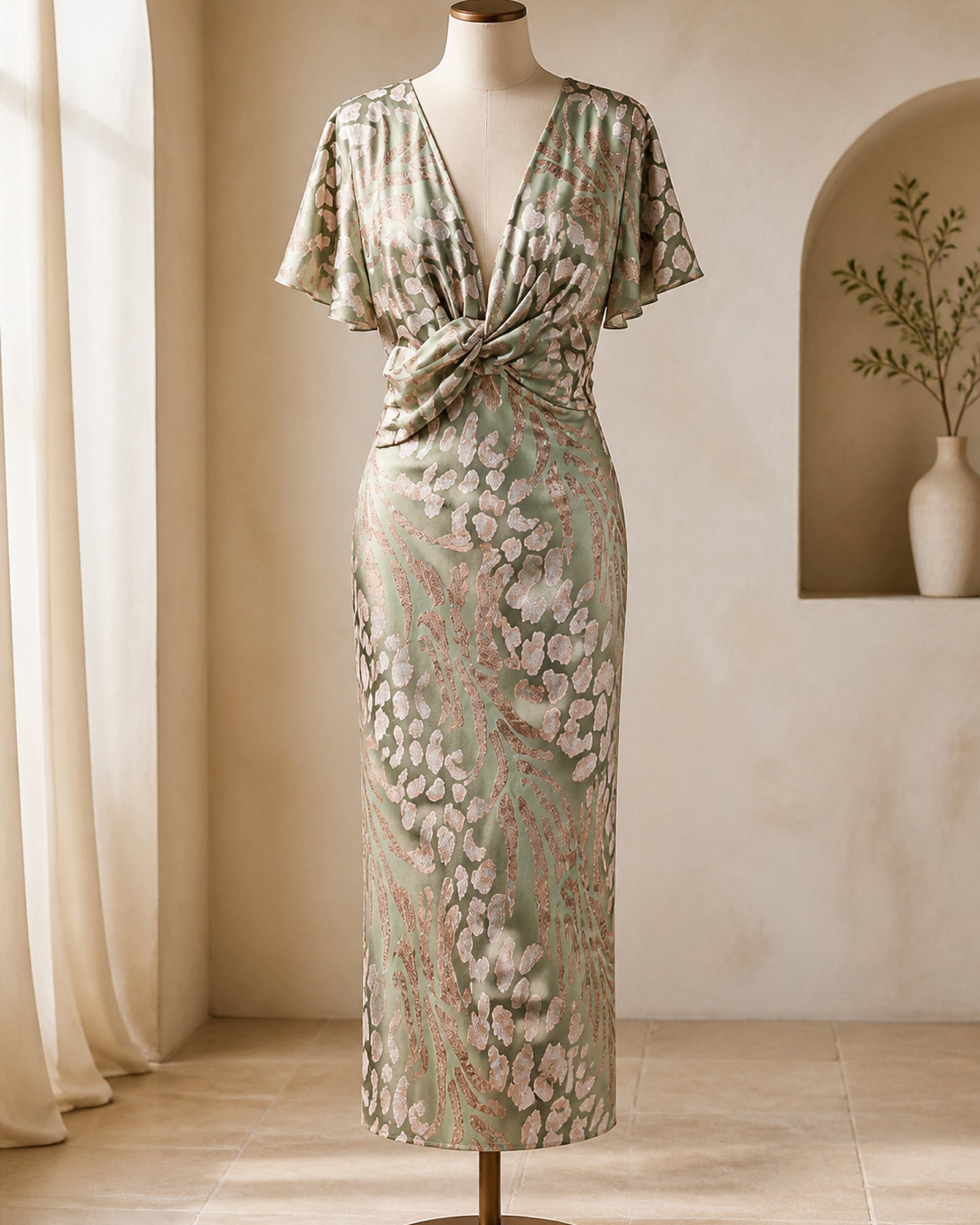 Simona - rochie midi satinată prezentată pe manechin