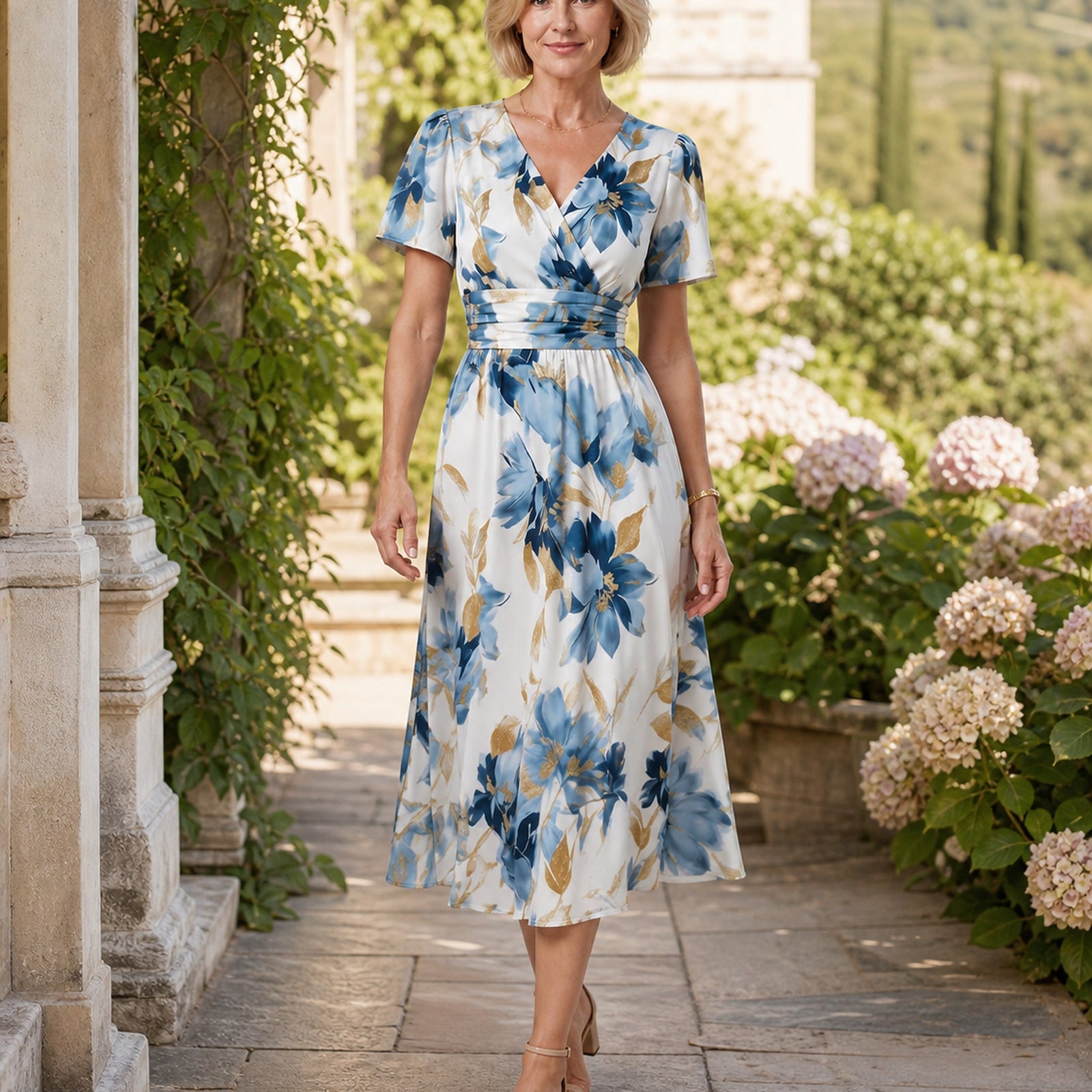 Sofia – rochie florală purtată în exterior